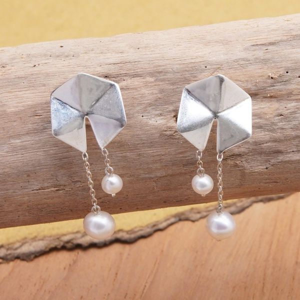 Alternate image for Geometric Sterling Silver Dangle Earrings with Grey Pearls Origami Lanterns