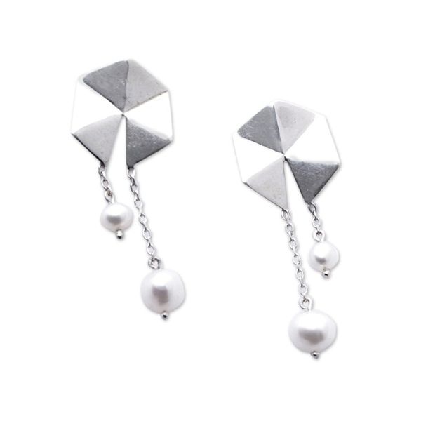 Alternate image for Geometric Sterling Silver Dangle Earrings with Grey Pearls Origami Lanterns