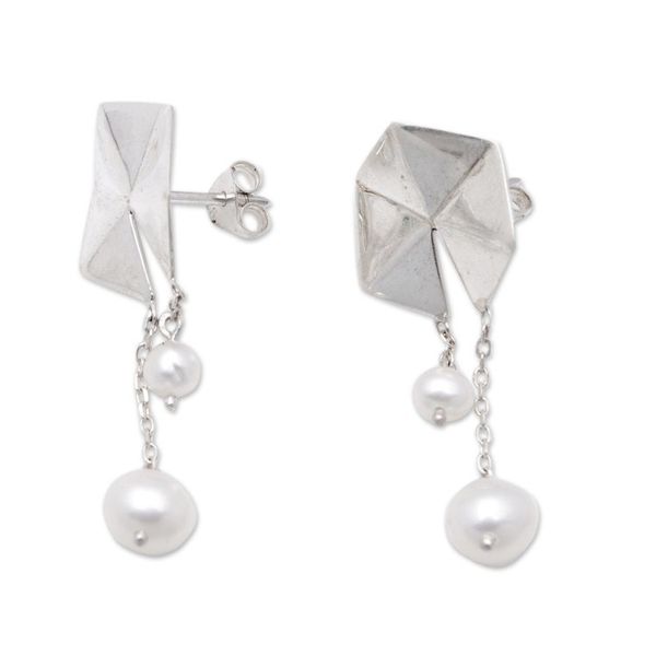 Alternate image for Geometric Sterling Silver Dangle Earrings with Grey Pearls Origami Lanterns
