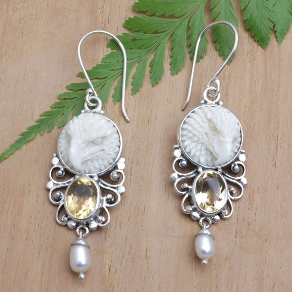 Eagle Dangle Earrings with Cultured Pearls and Citrine Gems 'Prosperity Eagle'