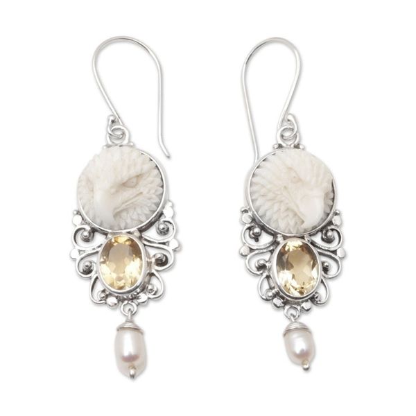 Alternate image for Eagle Dangle Earrings with Cultured Pearls and Citrine Gems Prosperity Eagle