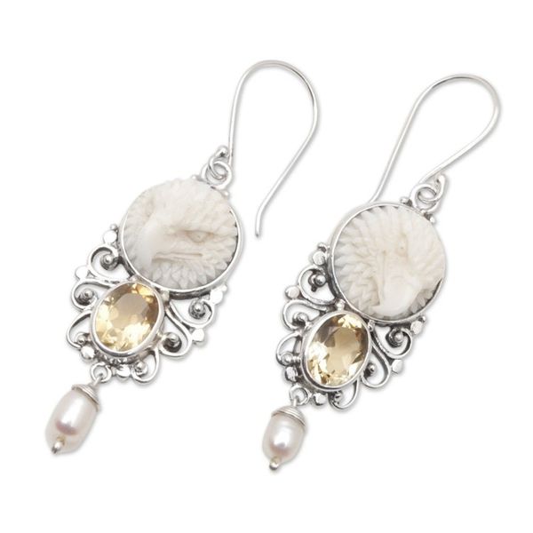 Alternate image for Eagle Dangle Earrings with Cultured Pearls and Citrine Gems Prosperity Eagle