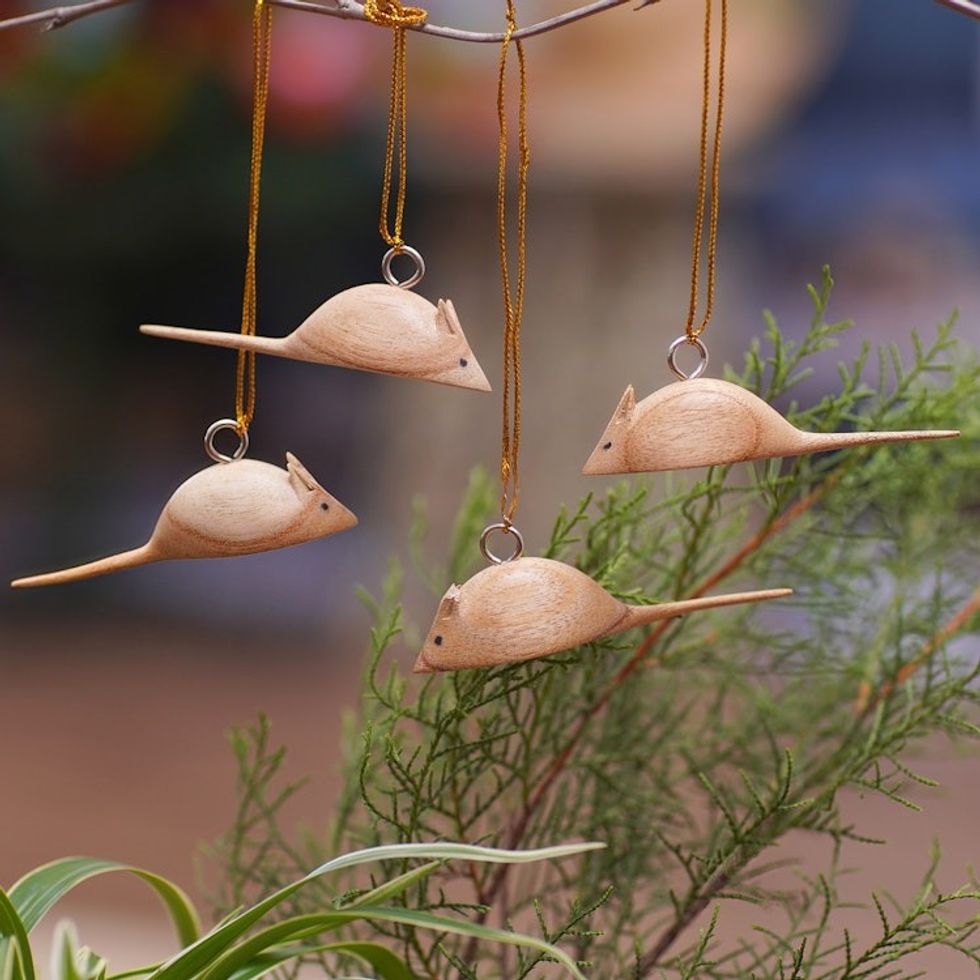 Hand-Carved Wood Mouse Christmas Ornaments Set of 4 'Tiny Mice'