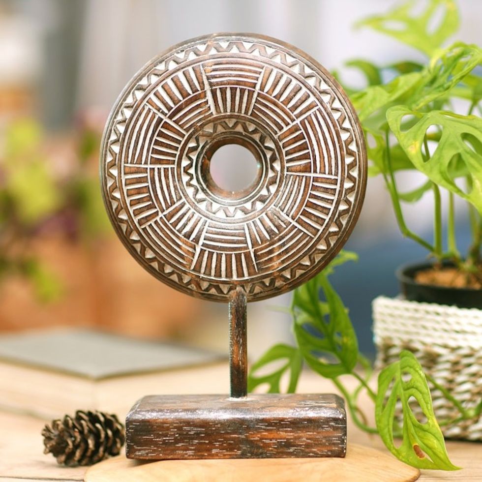Traditional Hand-Carved Albesia Wood Sculpture from Bali 'Time Voyage'
