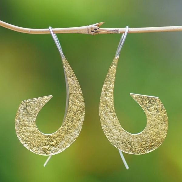 Alternate image for Textured Brass Drop Earrings with Stainless Steel Hooks Feminine Mystery
