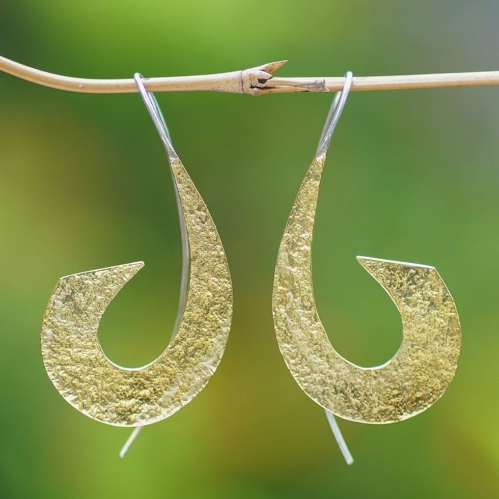 Textured Brass Drop Earrings with Stainless Steel Hooks 'Feminine Mystery'