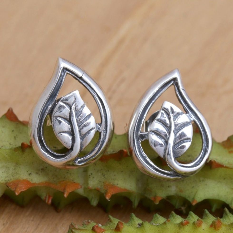 Sterling Silver Button Earrings with Polished Leafy Design 'Forest Shine'