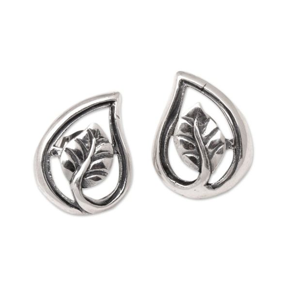 Alternate image for Sterling Silver Button Earrings with Polished Leafy Design Forest Shine