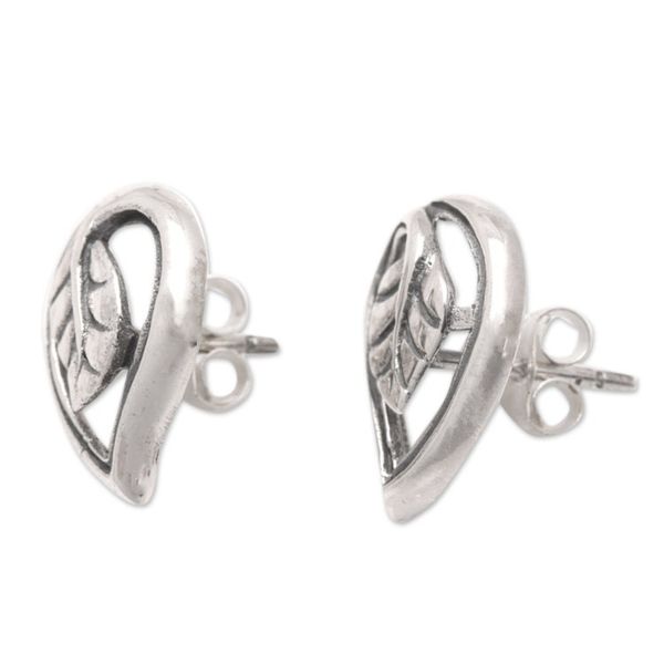 Alternate image for Sterling Silver Button Earrings with Polished Leafy Design Forest Shine