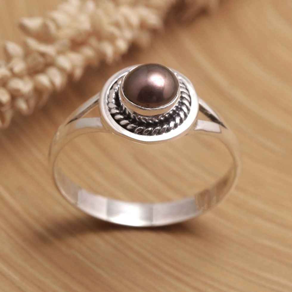 Cultured Pearl Sterling Silver Single Stone Ring from Bali 'Perfect Shield'