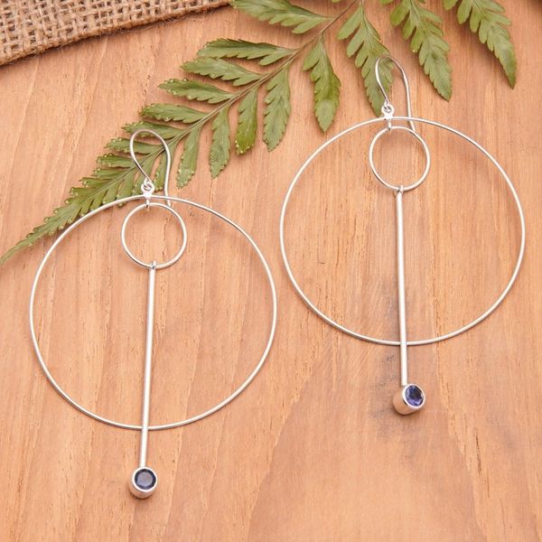 Alternate image for Modern Sterling Silver Circle Dangle Earrings with Iolite Contemporary Glam