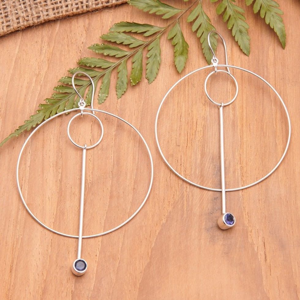 Modern Sterling Silver Circle Dangle Earrings with Iolite 'Contemporary Glam'