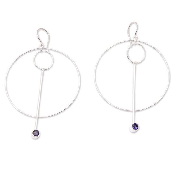 Alternate image for Modern Sterling Silver Circle Dangle Earrings with Iolite Contemporary Glam