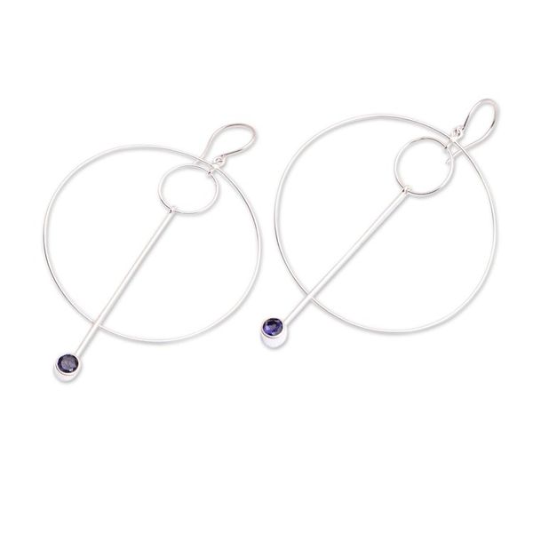 Alternate image for Modern Sterling Silver Circle Dangle Earrings with Iolite Contemporary Glam
