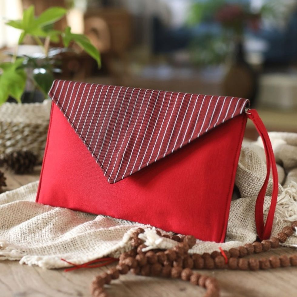 Striped Red Cotton Wristlet with Removable Strap 'Lurik Amplop Red'