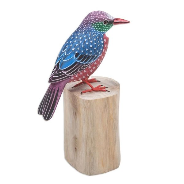 Alternate image for Teak Suar Wood Bird Statuette Carved and Painted by Hand Starling Spreeuw