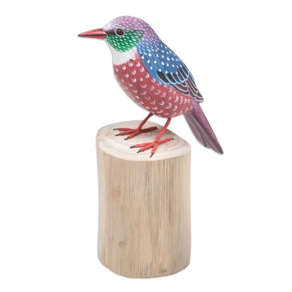 Alternate image for Teak Suar Wood Bird Statuette Carved and Painted by Hand Starling Spreeuw