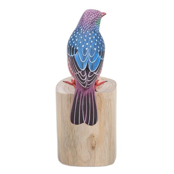 Alternate image for Teak Suar Wood Bird Statuette Carved and Painted by Hand Starling Spreeuw