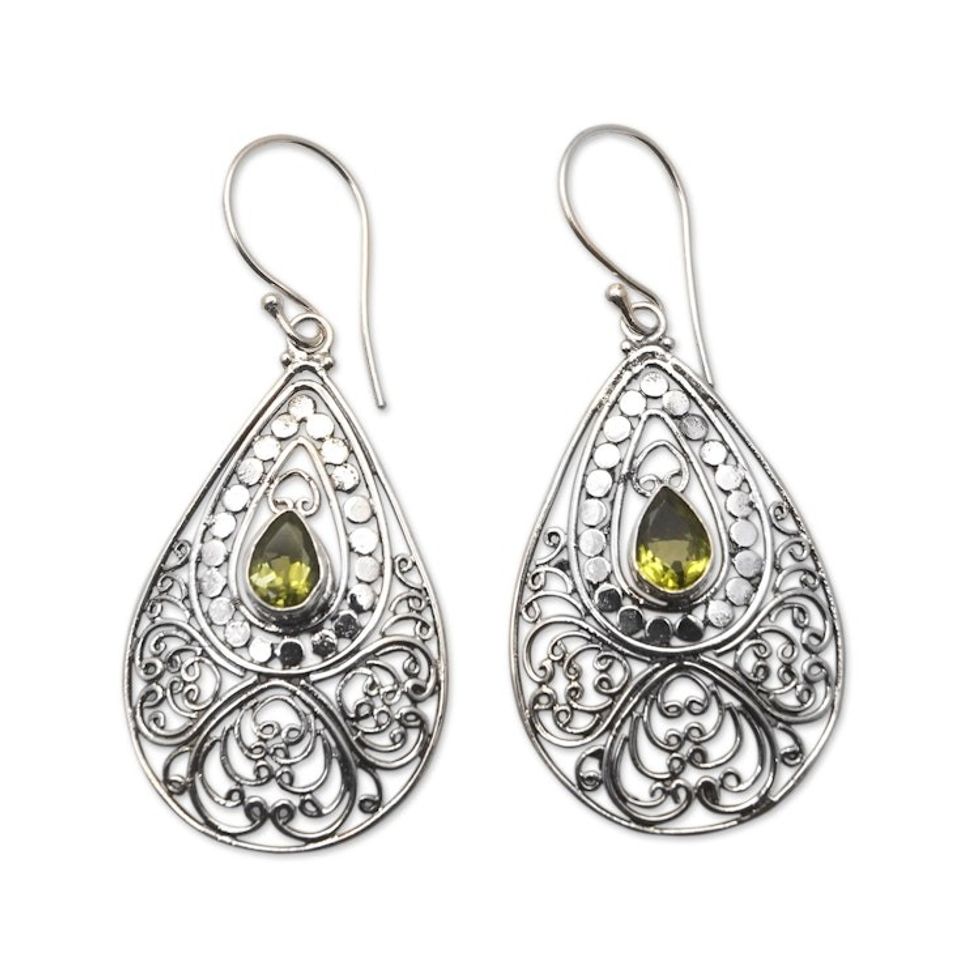Sterling Silver Dangle Earrings with Natural Peridot Stones 'Mixed Fortune'
