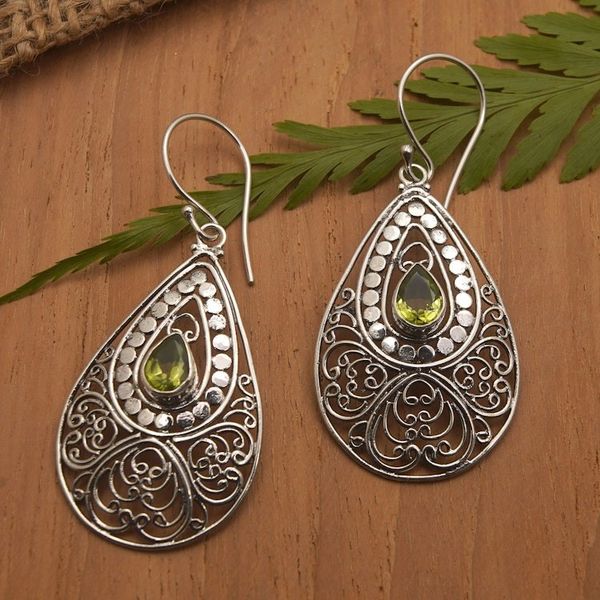 Alternate image for Sterling Silver Dangle Earrings with Natural Peridot Stones Mixed Fortune