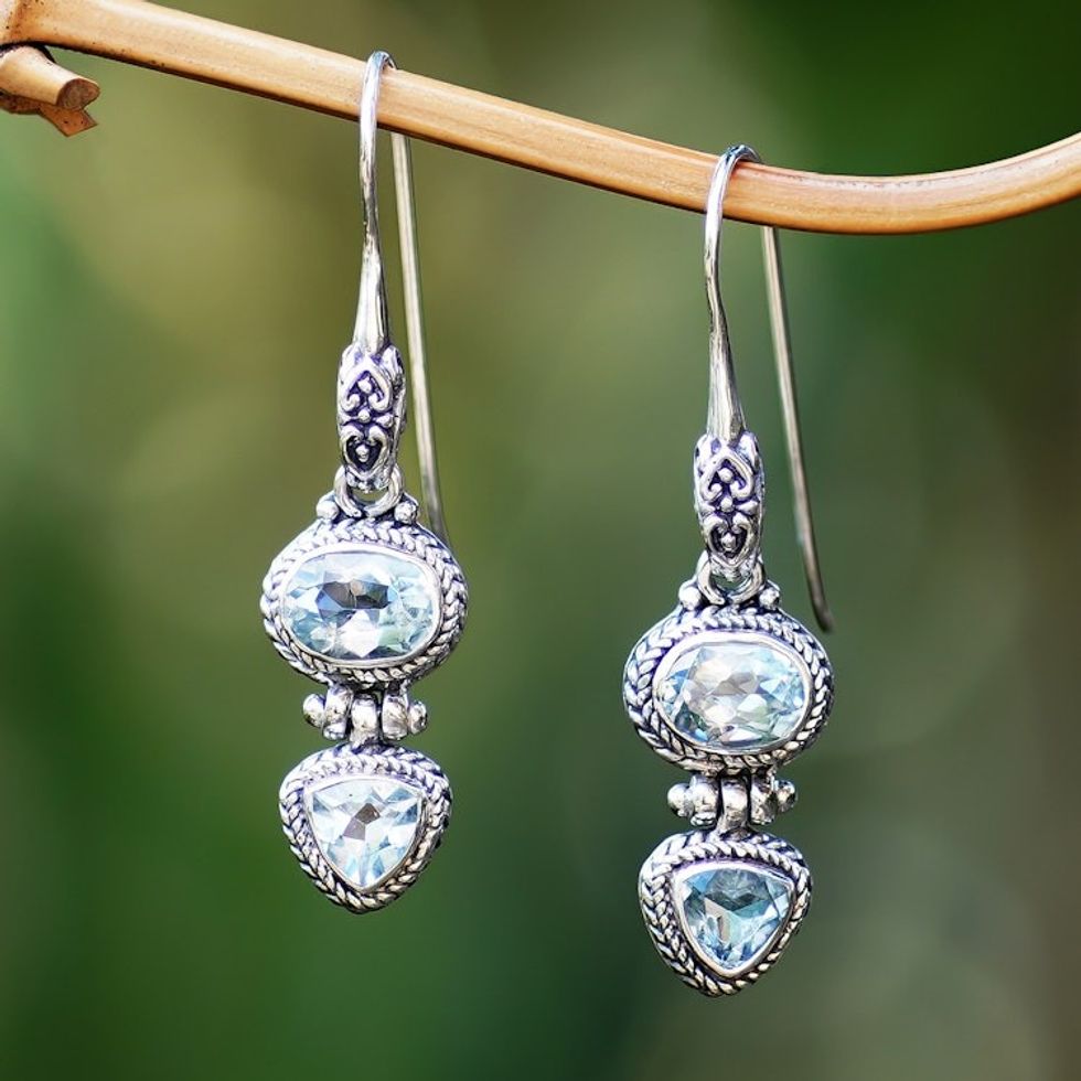 Balinese Sterling Silver Drop Earrings with Blue Topaz Stone 'Woman's Love in Blue'