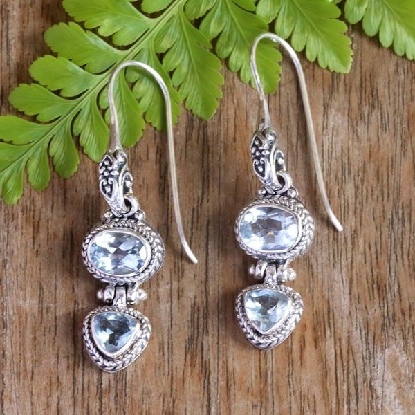 Alternate image for Balinese Sterling Silver Drop Earrings with Blue Topaz Stone Womans Love in Blue