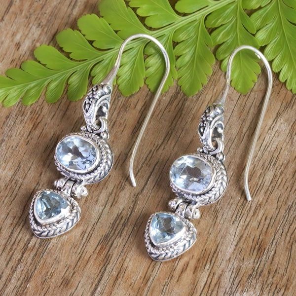 Alternate image for Balinese Sterling Silver Drop Earrings with Blue Topaz Stone Womans Love in Blue