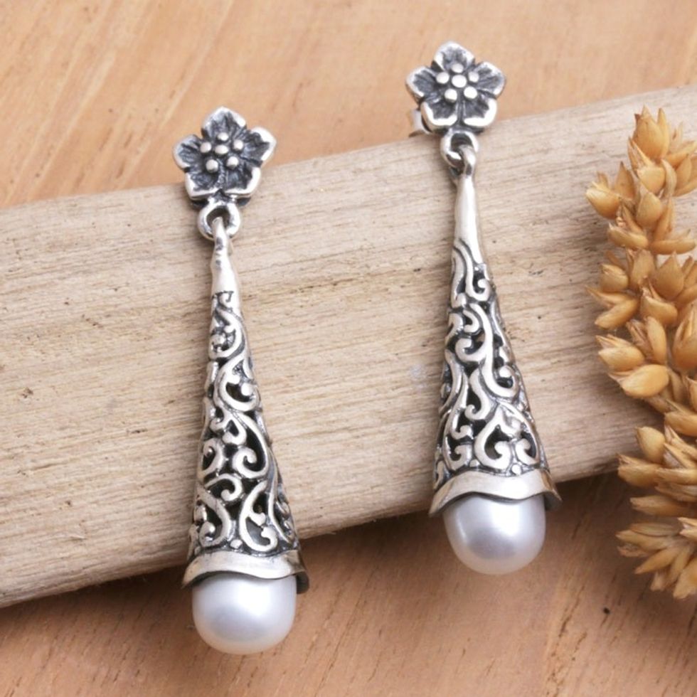 Floral Sterling Silver Dangle Earrings with Grey Pearls 'Floral Lantern'
