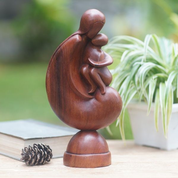 Alternate image for Hand-Carved Suar Wood Sculpture of Mother and Child Beloved Child