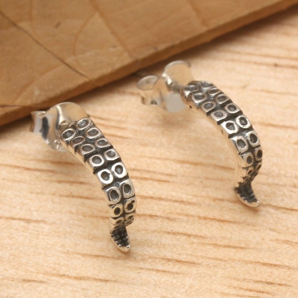 Octopus-Themed Sterling Silver Button Earrings from Bali 'Octopus Greetings'