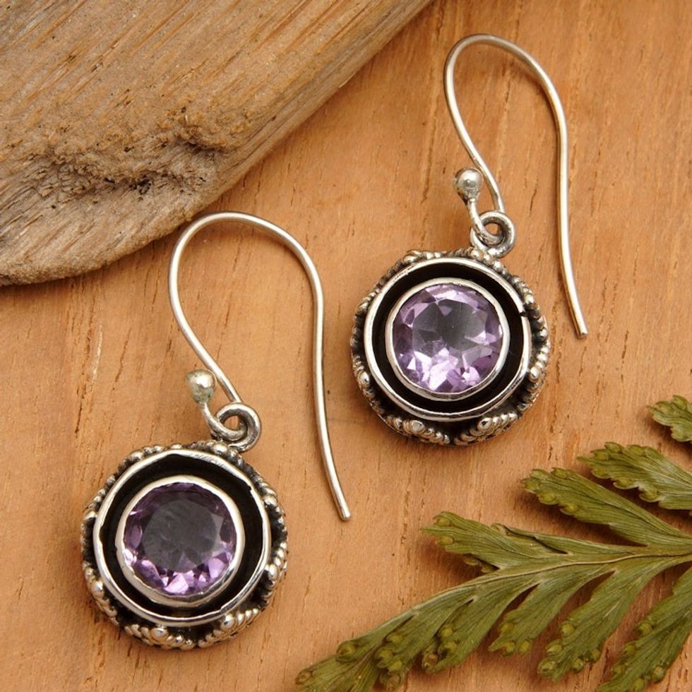 Sterling Silver Dangle Earrings with Round Amethyst Stone 'Batur in Purple'