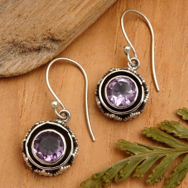 Alternate image for Sterling Silver Dangle Earrings with Round Amethyst Stone Batur in Purple
