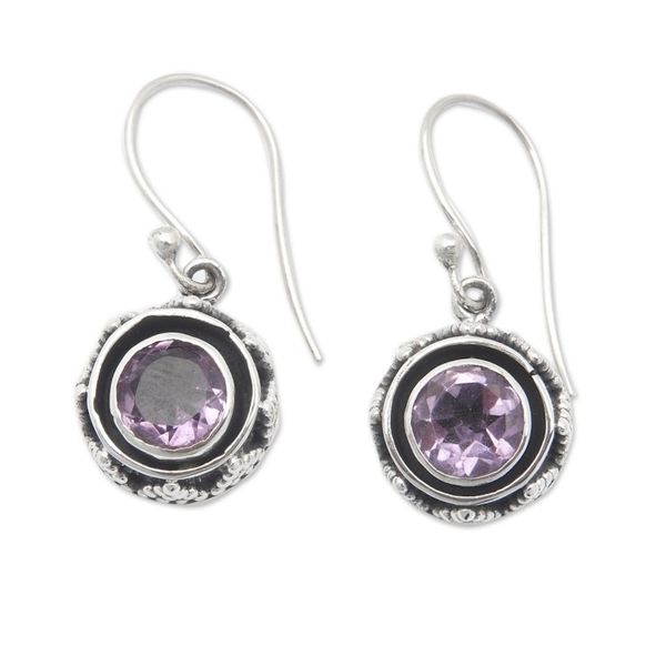 Alternate image for Sterling Silver Dangle Earrings with Round Amethyst Stone Batur in Purple