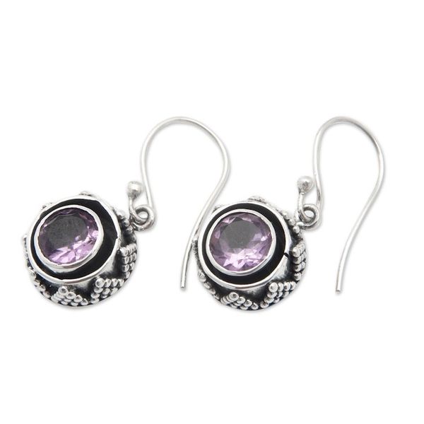 Alternate image for Sterling Silver Dangle Earrings with Round Amethyst Stone Batur in Purple