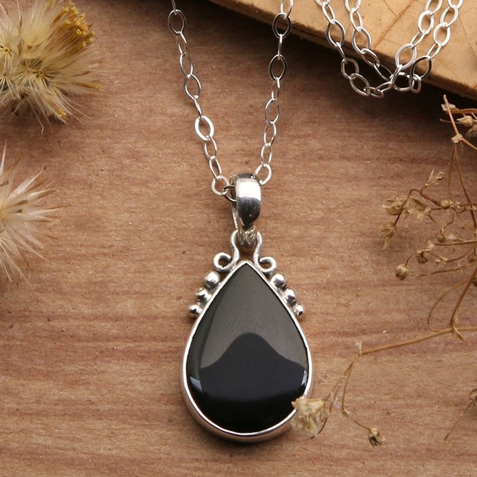 Sterling Silver Onyx Pendant Necklace with Dot Accents 'Snowy Night'