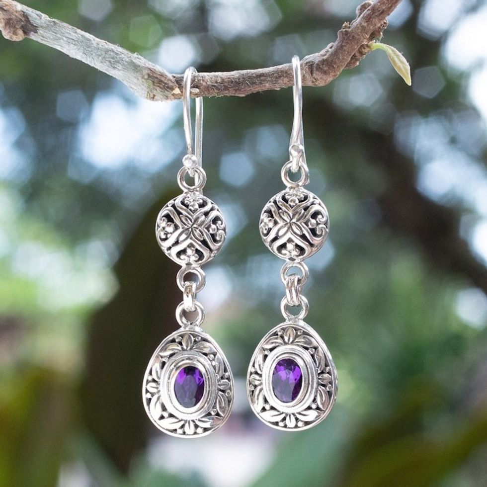 Sterling Silver Amethyst Dangle Earrings with Leaf Motifs 'Wise Summer'
