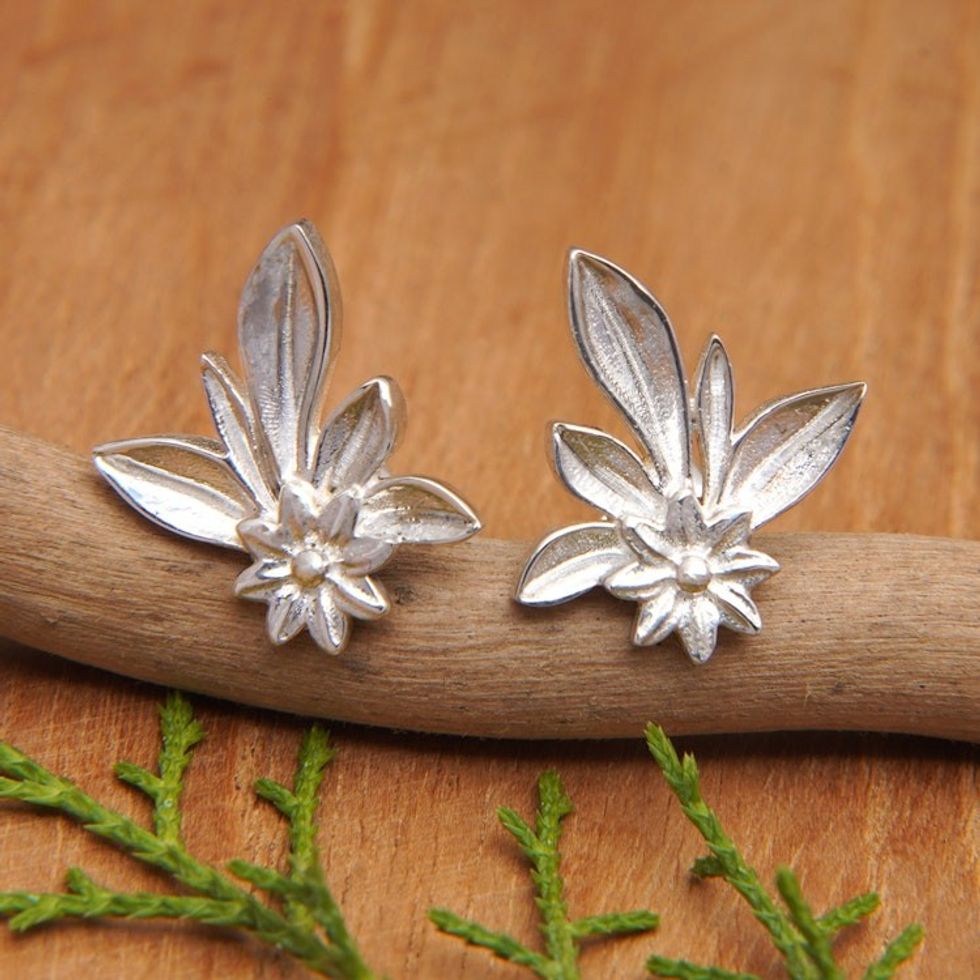 Floral and Leaf-Themed Sterling Silver Button Earrings 'Love Suddenly'