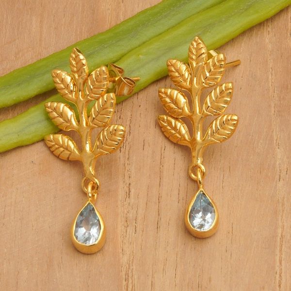 Alternate image for 22k Gold-Plated Leafy Dangle Earrings with Blue Topaz Gems Thriving Blue