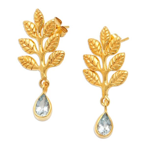 Alternate image for 22k Gold-Plated Leafy Dangle Earrings with Blue Topaz Gems Thriving Blue