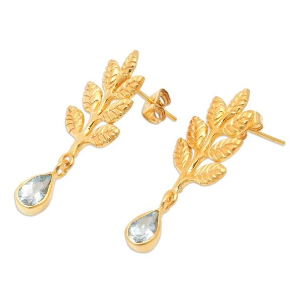 Alternate image for 22k Gold-Plated Leafy Dangle Earrings with Blue Topaz Gems Thriving Blue