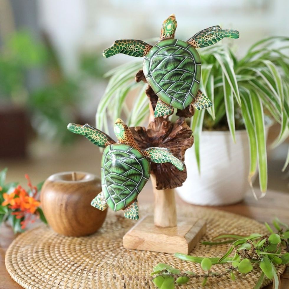 Wood Tortoise Sculpture with Stand Mushroom-Shaped Accents 'Green Tortoises'