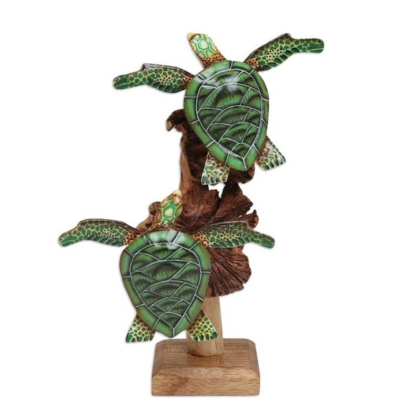 Alternate image for Wood Tortoise Sculpture with Stand Mushroom-Shaped Accents Green Tortoises