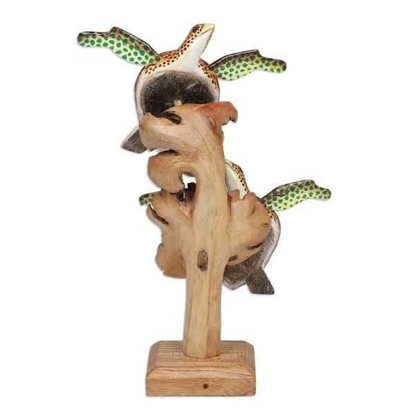 Alternate image for Wood Tortoise Sculpture with Stand Mushroom-Shaped Accents Green Tortoises