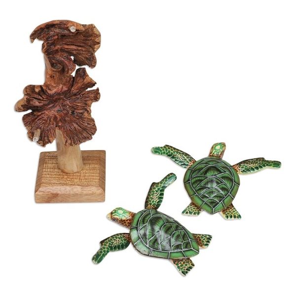 Alternate image for Wood Tortoise Sculpture with Stand Mushroom-Shaped Accents Green Tortoises