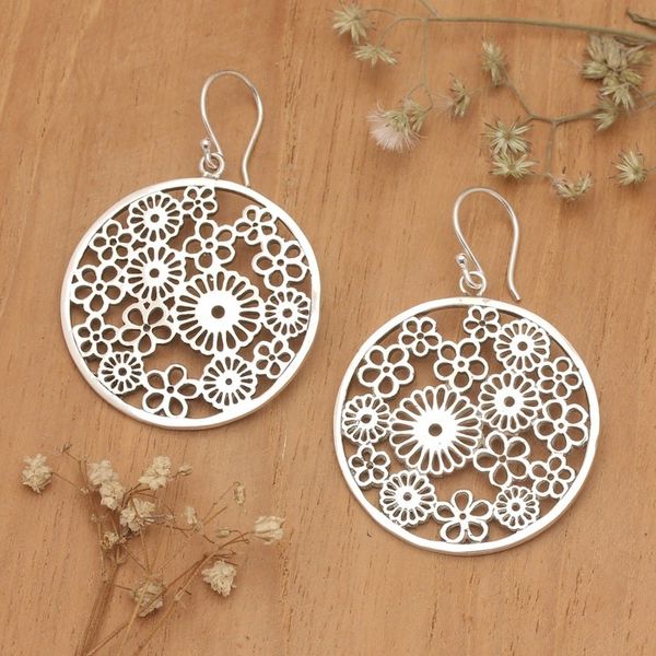 Alternate image for Polished Round Sunflower Sterling Silver Dangle Earrings Radiant Round Summer