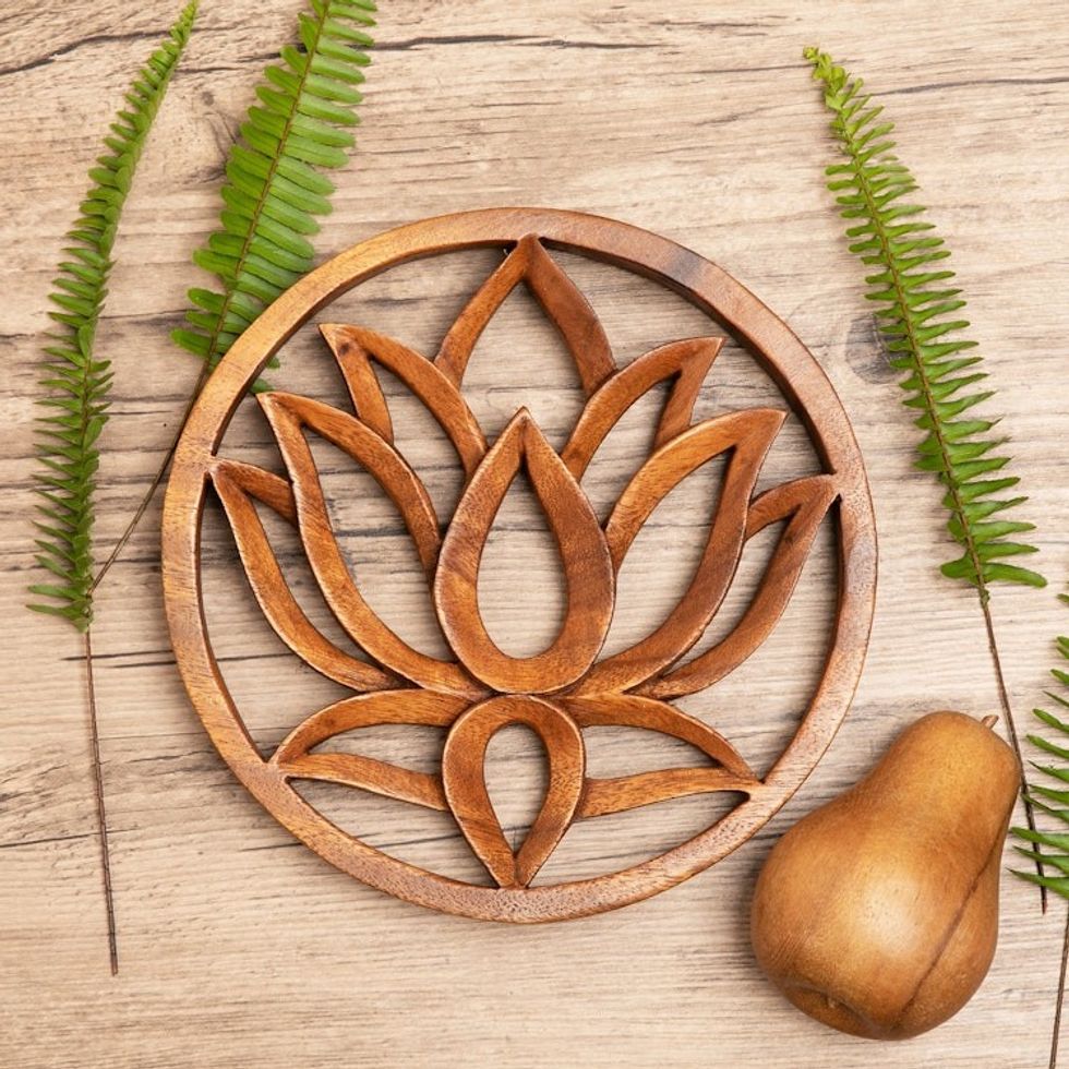 Lotus-Themed Round Suar Wood Relief Panel from Bali 'One Lotus'