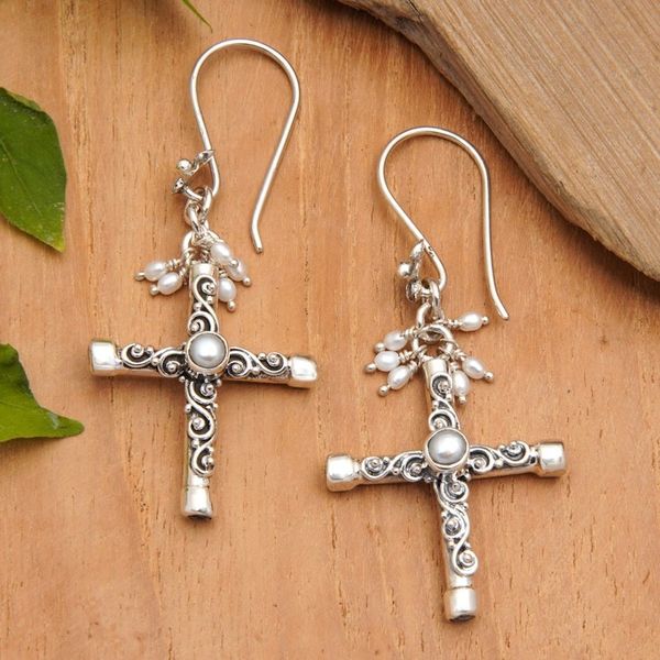 Alternate image for Cross Dangle Earrings with Grey and White Cultured Pearls Innocence Cross