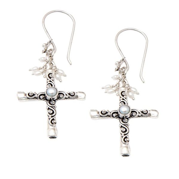 Alternate image for Cross Dangle Earrings with Grey and White Cultured Pearls Innocence Cross