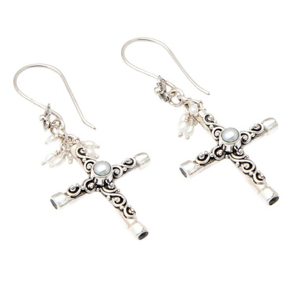 Alternate image for Cross Dangle Earrings with Grey and White Cultured Pearls Innocence Cross