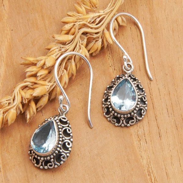 Alternate image for Sterling Silver Dangle Earrings with Faceted Blue Topaz Gems Luxurious Winds in Blue